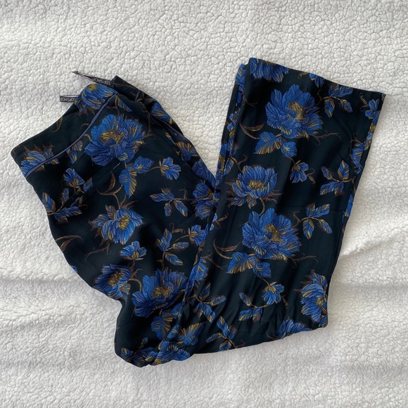 Topshop Pants - Topshop Blue Floral Print Satin-Trimmed Trousers